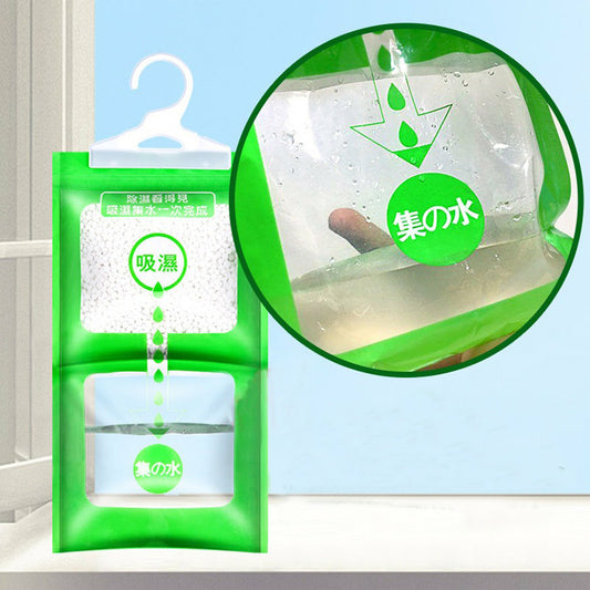 Green packaging of a dehumidifier bag with a close-up inset showing the product.