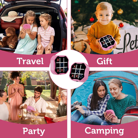 Collage of a pink tic-tac-toe game being used in various settings including travel, gift, party, and camping.