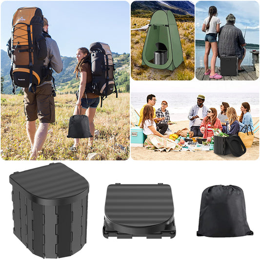 Collage of outdoor products including backpacks, a portable toilet, and a black container.