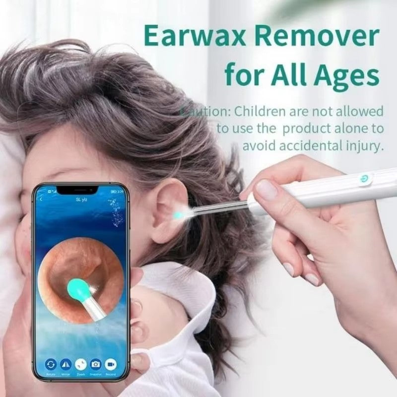 Person using an earwax remover with a smartphone showing an ear canal image.