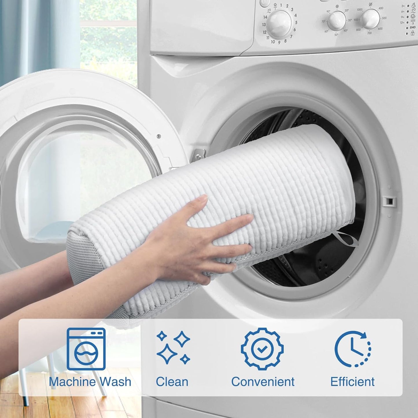 Person removing a filter from a washing machine with icons and text indicating features.