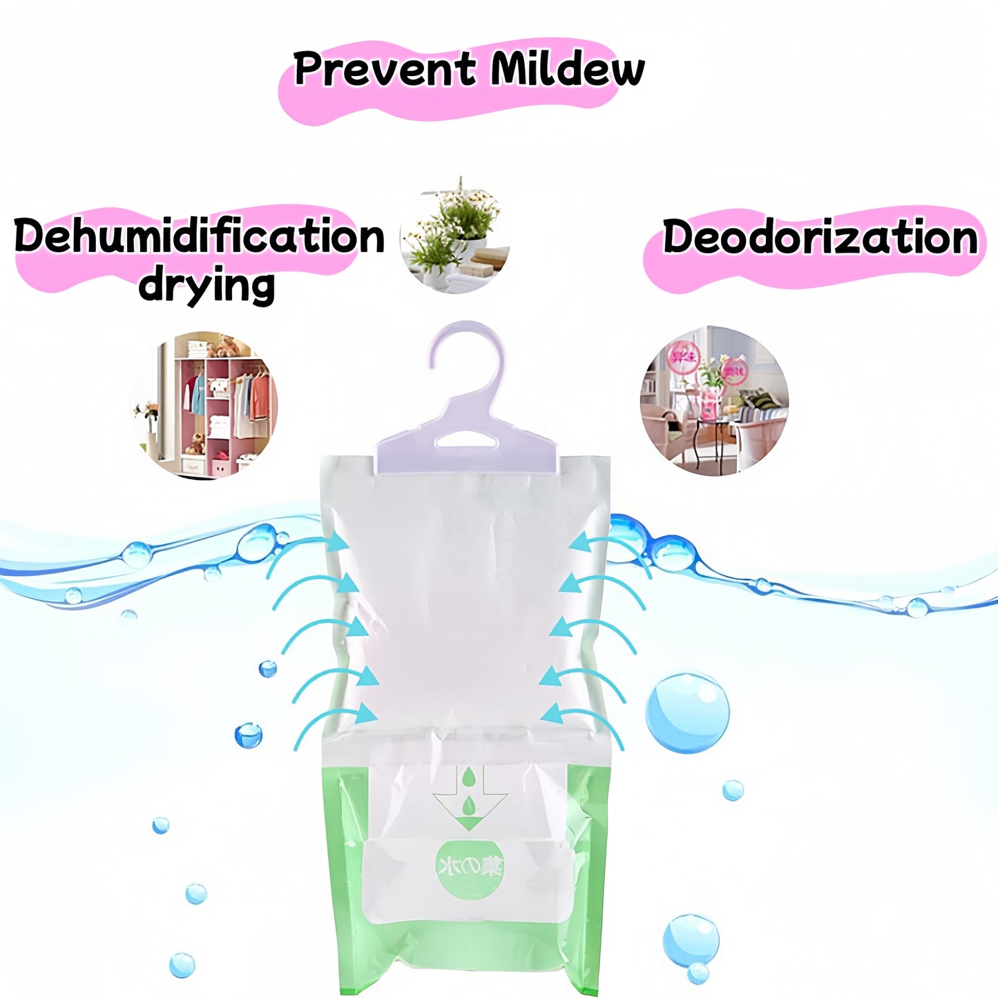 Two green dehumidifier bags with a hanger on a white background, labeled for preventing mildew, dehumidification, drying, and deodorization.