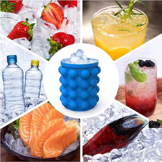 Collage of ice cubes, drinks, and food with a blue silicone ice cube tray in the center.