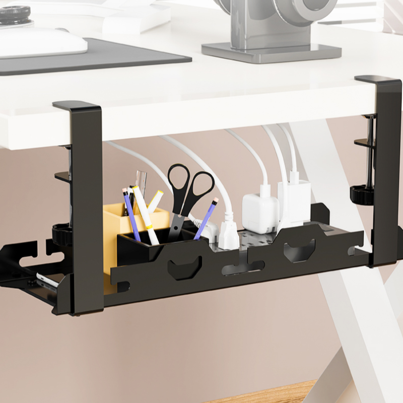Clamp-On Under Desk Cable Management Tray – Steel Wire Organizer for Office & Gaming Setup