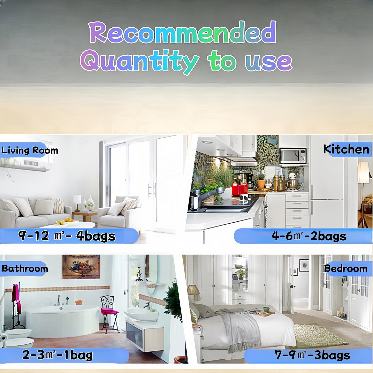 Room types with recommended air bag quantities displayed on a gray background.