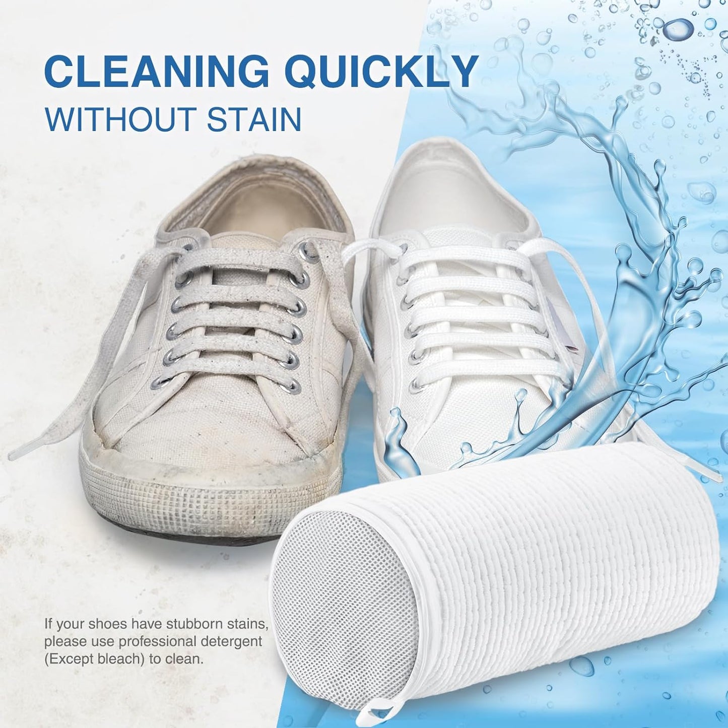 White sneakers with a cleaning tool and water splash, emphasizing quick cleaning without stains.
