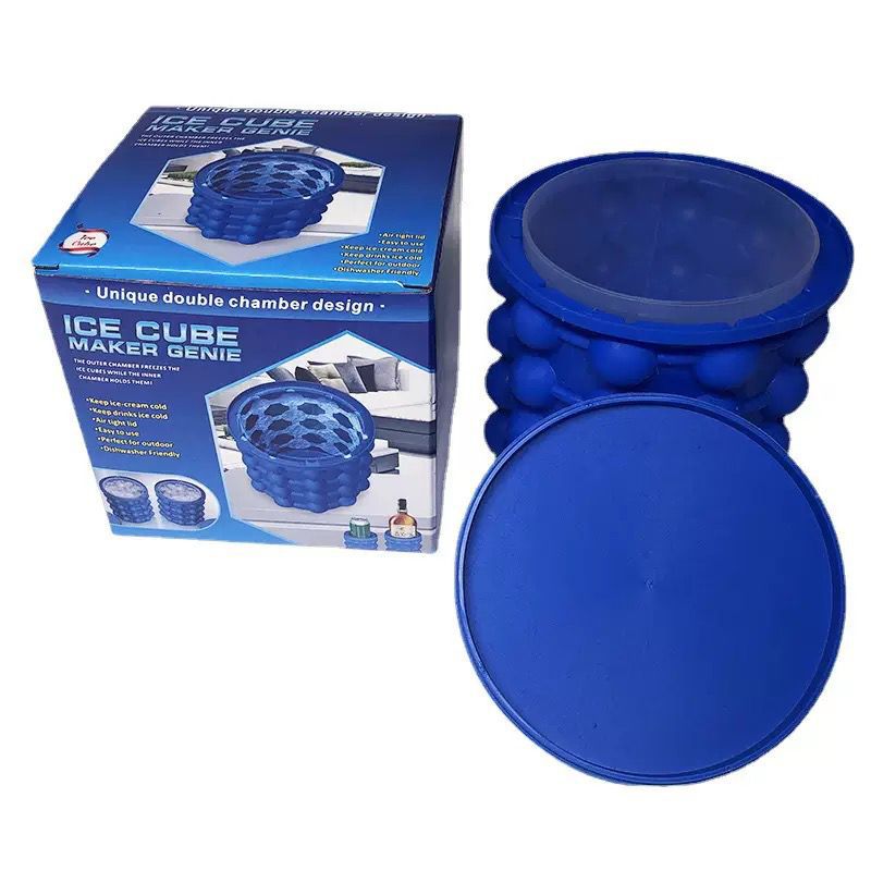 Blue ice cube maker with packaging on a white background