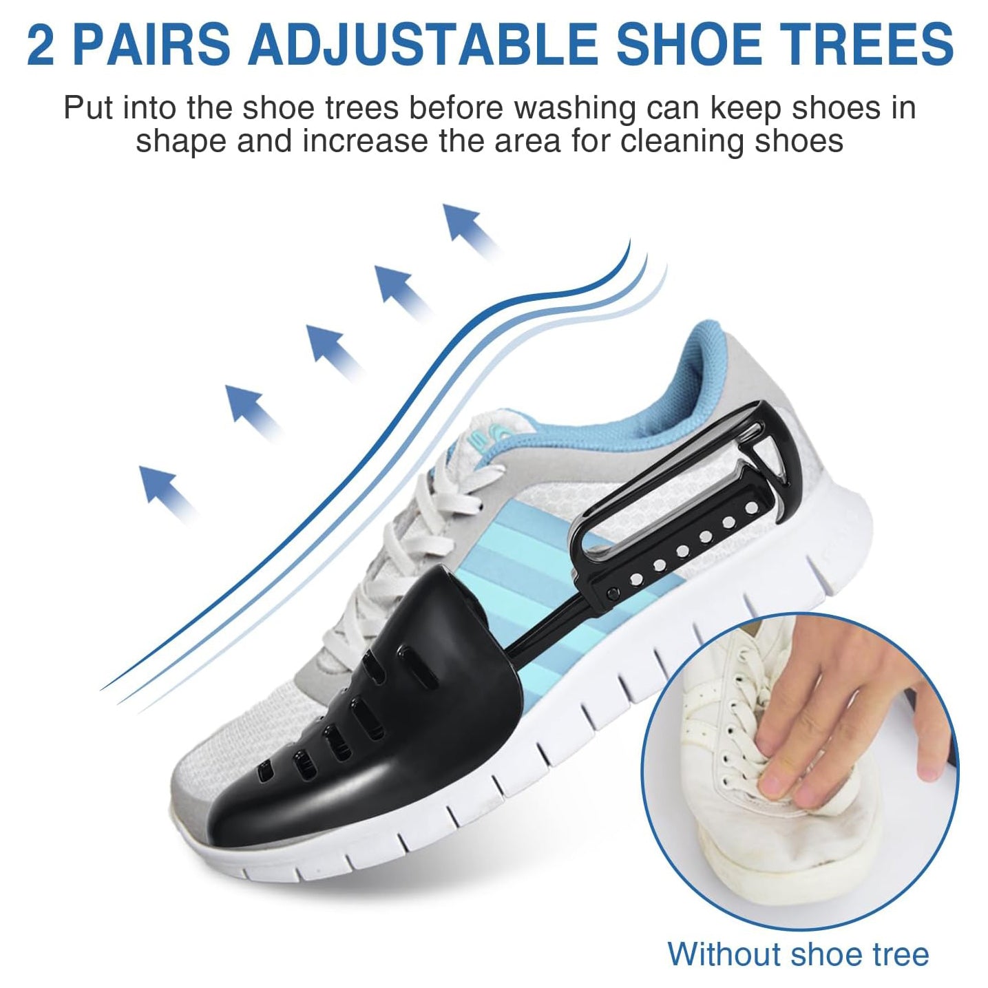 Shoe cleaning tool with shoe trees and illustration of shoe cleaning process.