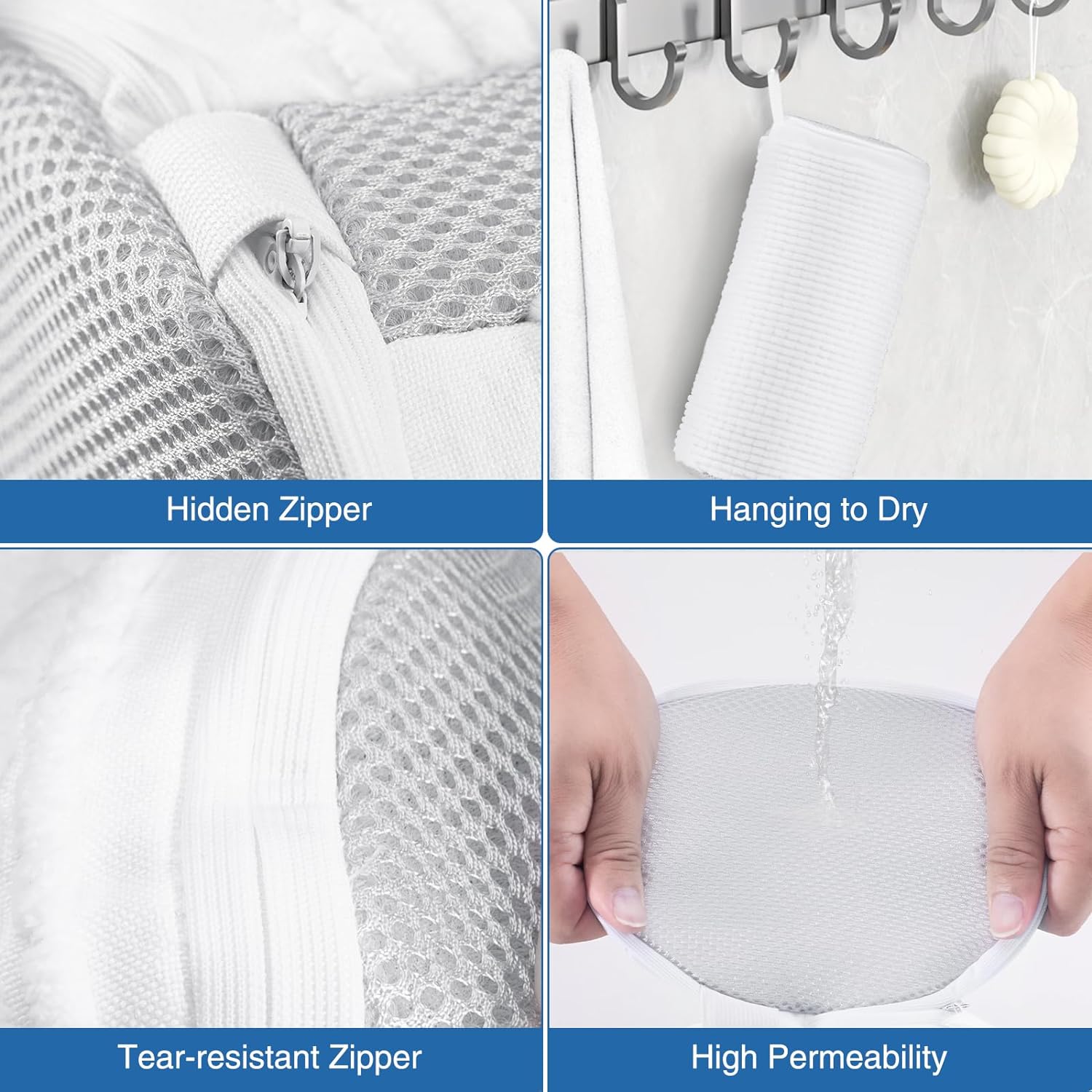 Product features including a hidden zipper, hanging to dry, tear-resistant zipper, and high permeability.