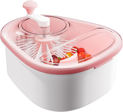Pink and white kitchen fruits and vegetables cleaner with tomatoes inside on a white background