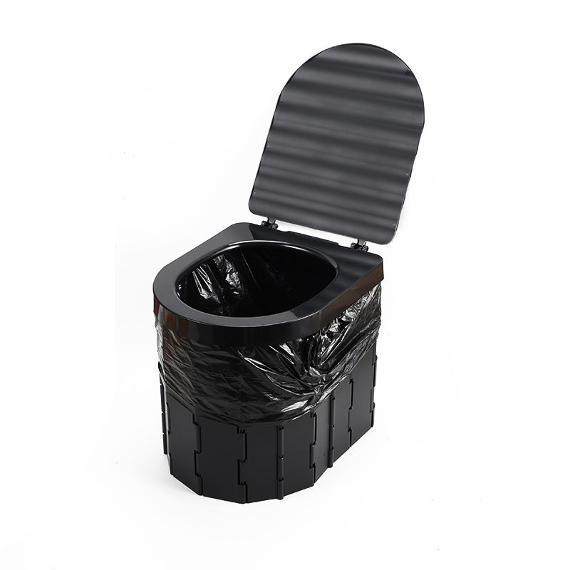 Black portable toilet with a lid on a white background