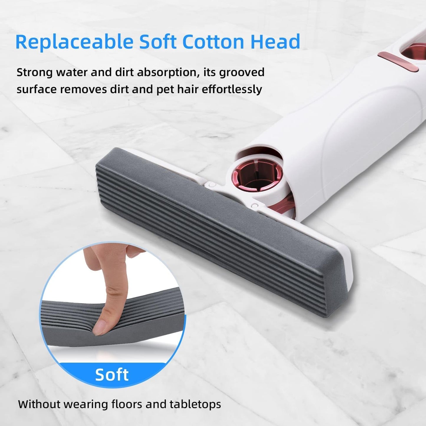 Replaceable soft cotton head for cleaning with text on water and dirt absorption.