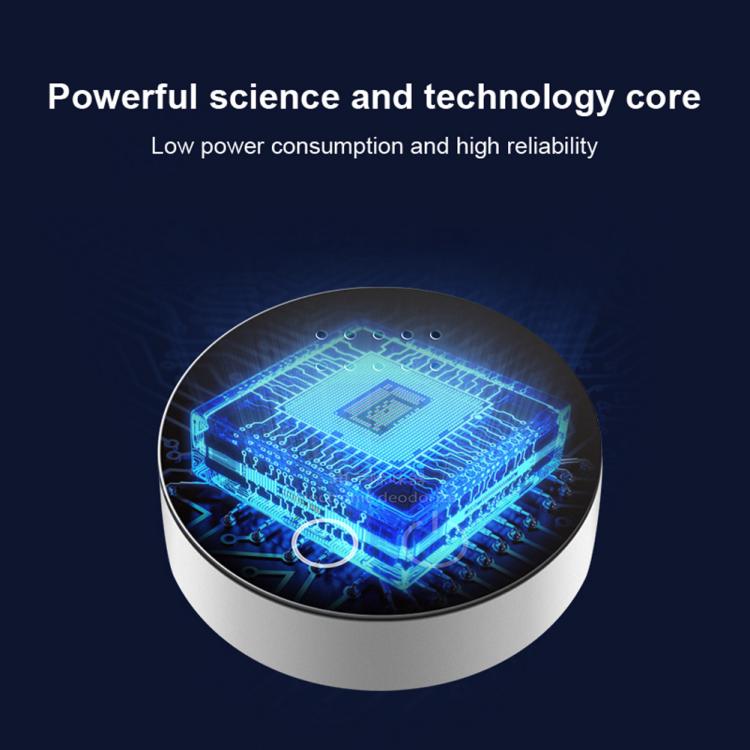 Electronic component with blue glowing effect on a dark background, text about power consumption and reliability.