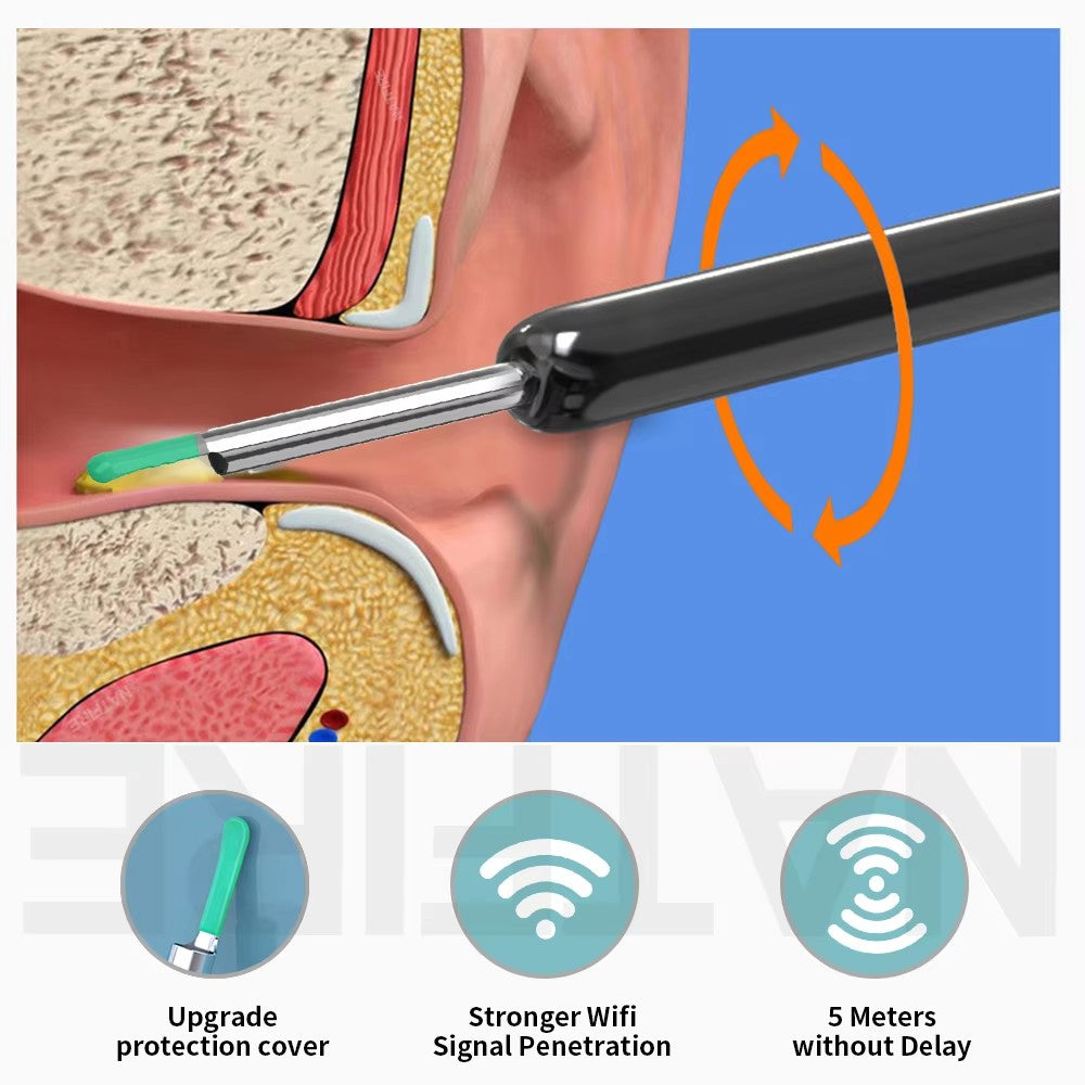 Ear cleaning tool with anatomical illustration and feature icons on a blue background