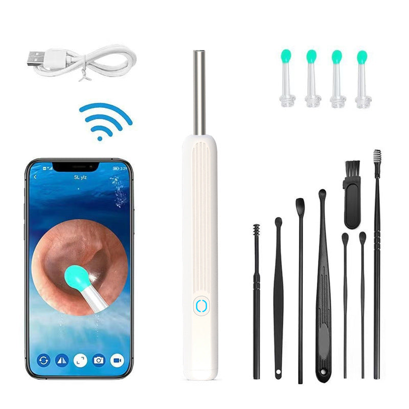 Ear cleaning tool set with smartphone app, USB cable, and various tools on a white background