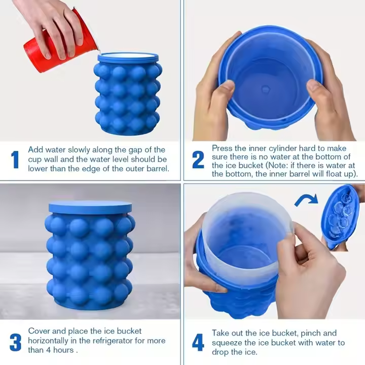 Instructions for using a blue silicone ice bucket with text on how to fill, press, cover, and use it.