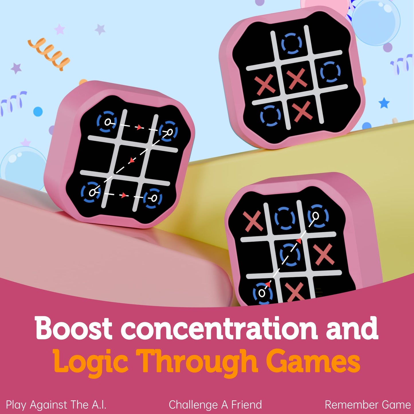 Pink handheld gaming devices with digital games on a colorful background