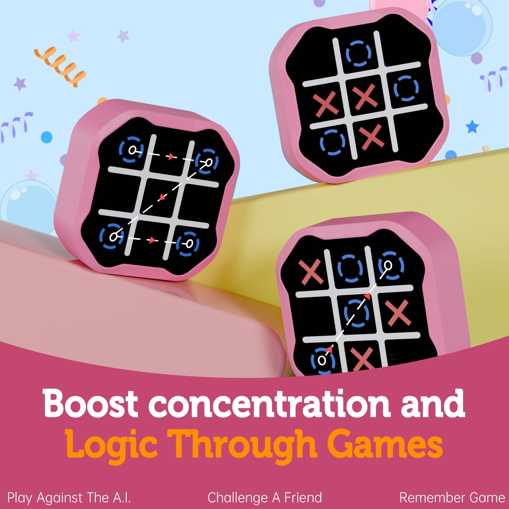 Pink handheld gaming devices with digital games on a colorful background