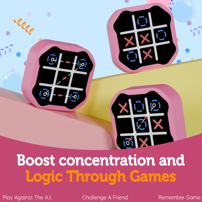 Pink handheld gaming devices with digital games on a colorful background