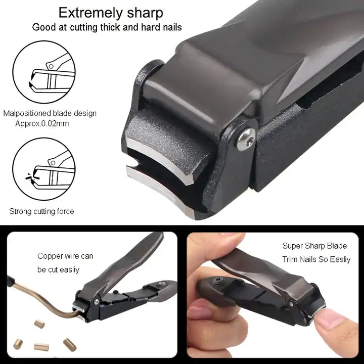 Nail clipper with features highlighted on a black background