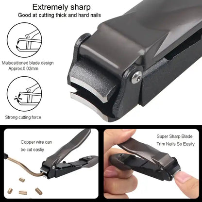Nail clipper with features highlighted on a black background