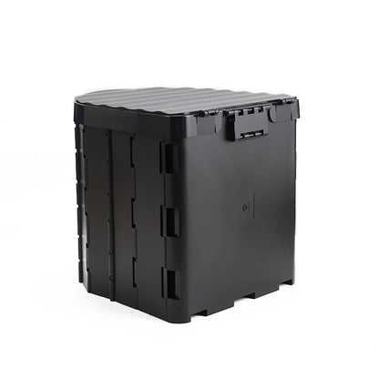 Black portable foldable toilet with a lid on a white background