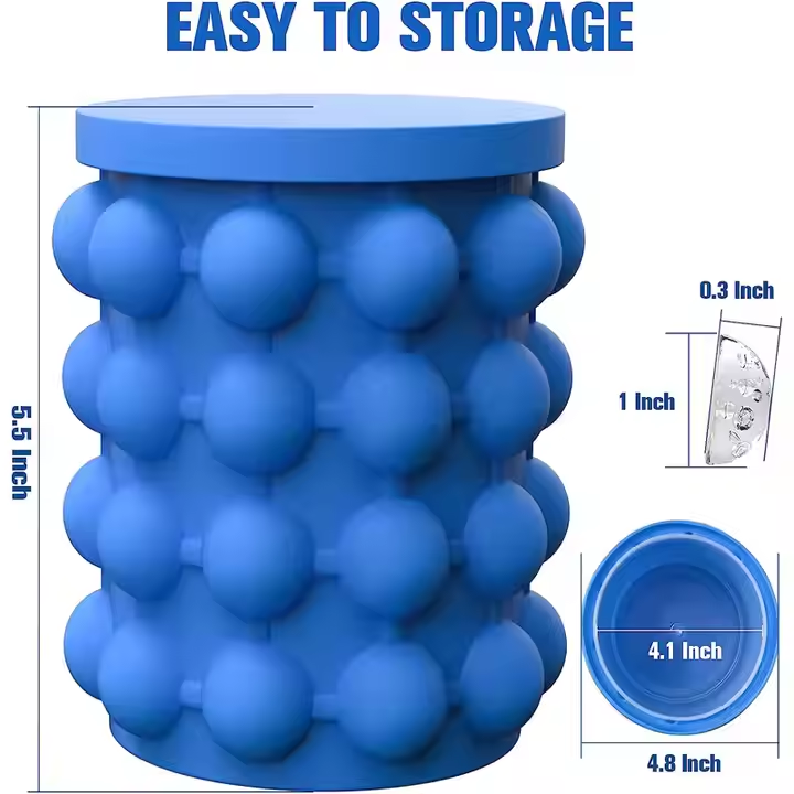 Blue storage container with spherical design and measurements on a white background