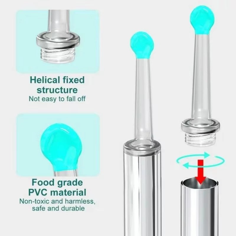 Transparent dropper with blue cap and text highlighting features on a white background