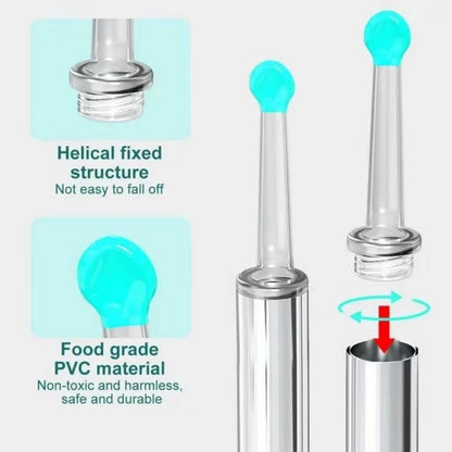 Transparent dropper with blue cap and text highlighting features on a white background