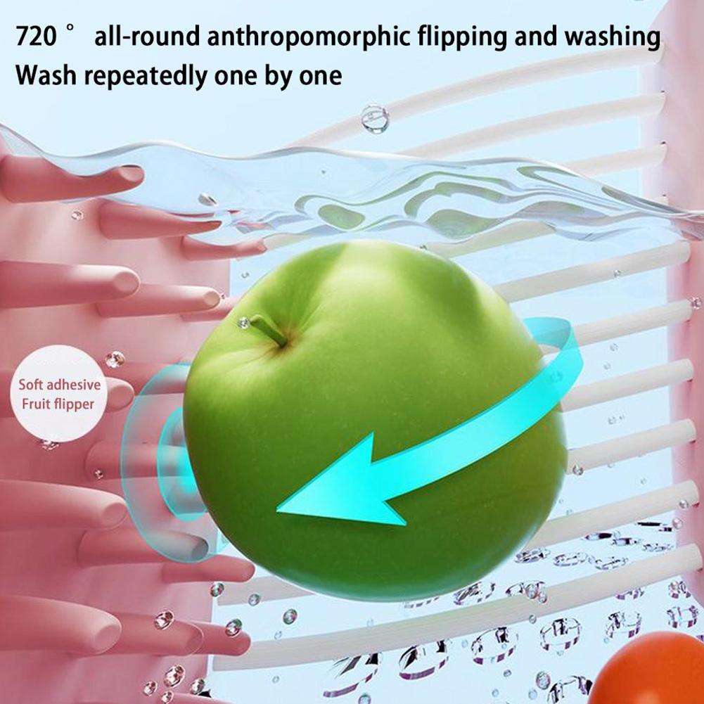 Green fruit with adhesive fruit flipper being washed by hands, with text about washing instructions.
