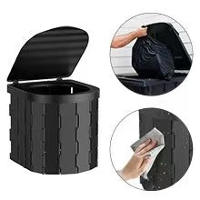 Black outdoor portable toilet with lid, being used to dispose, and cleaning with a cloth.
