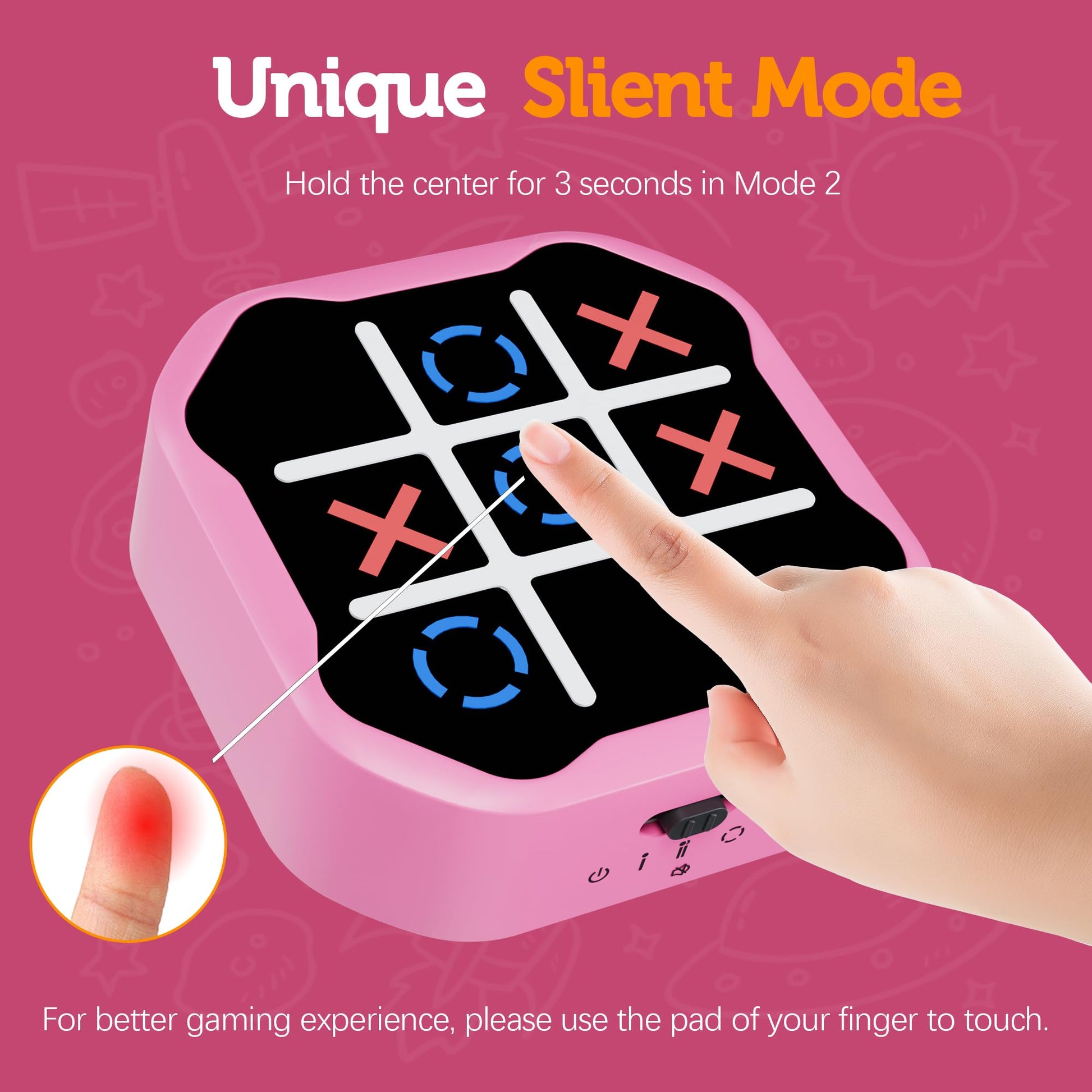 Pink electronic game device with a finger pressing a button on a pink background