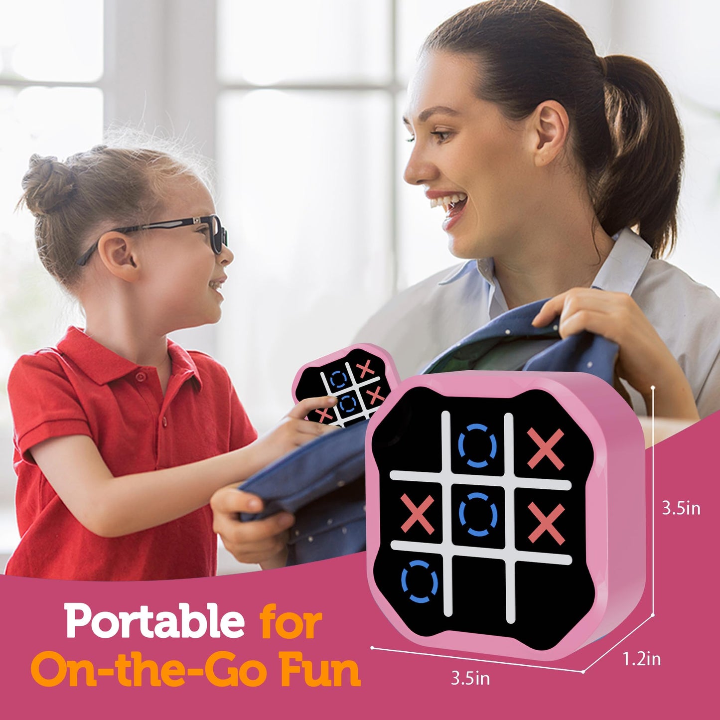 Woman and child playing with a portable game device, with text 'Portable for On-the-Go Fun'.