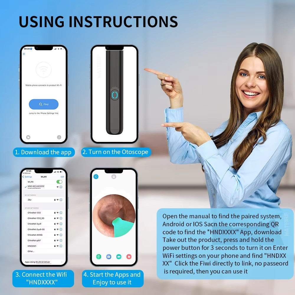Step-by-step guide on using an otoscope with smartphone app, featuring a woman pointing at the device.