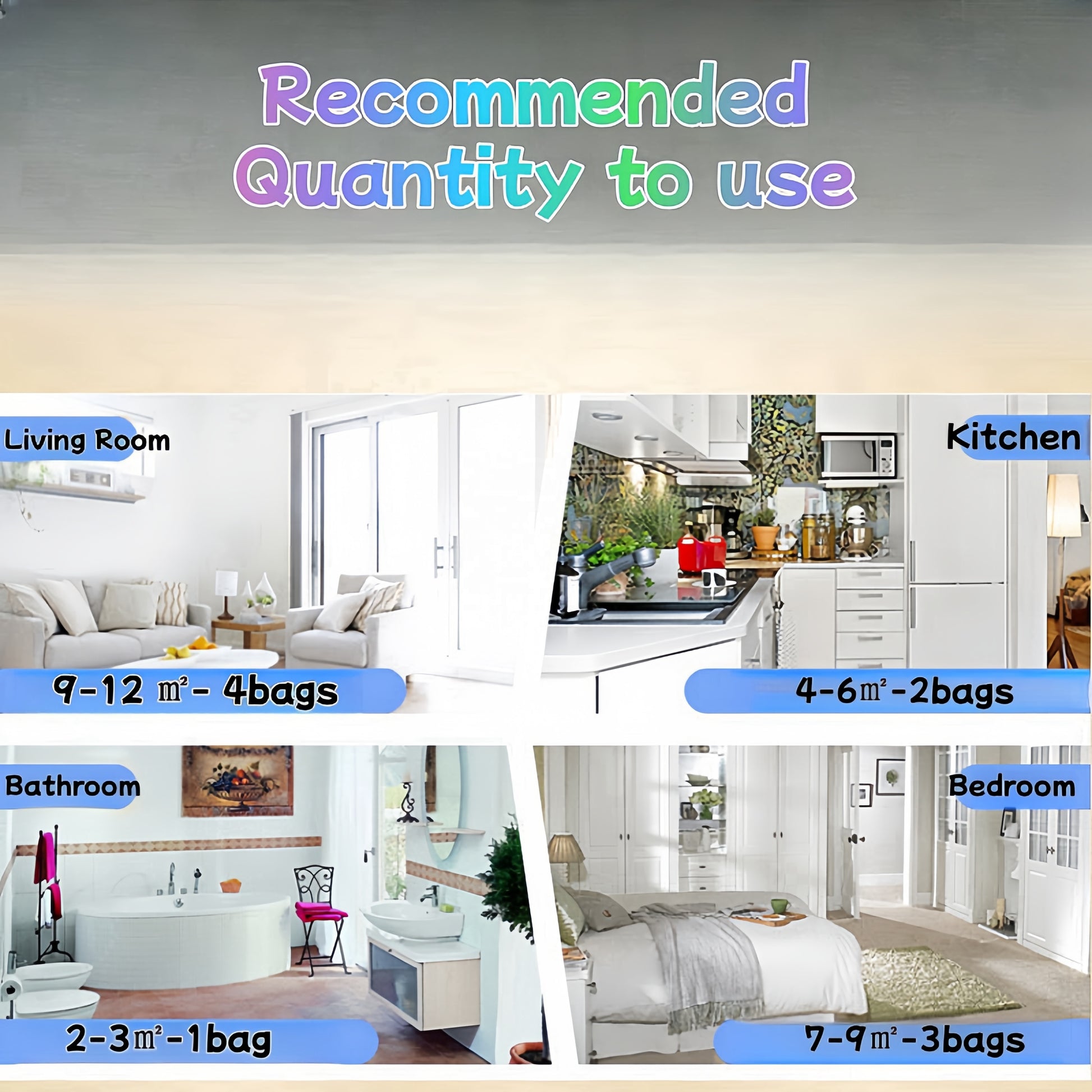 Room types with recommended air bag quantities displayed on a gray background.