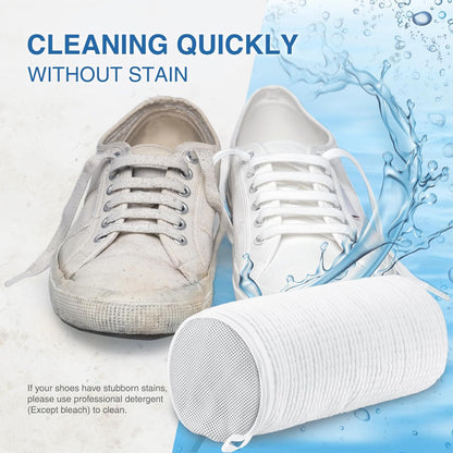 White sneakers with a cleaning tool and water splash, emphasizing quick cleaning without stains.