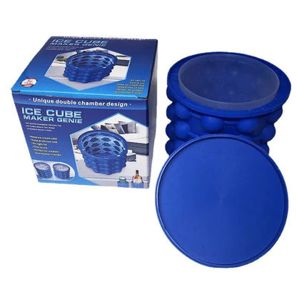 Blue ice cube maker with packaging on a white background